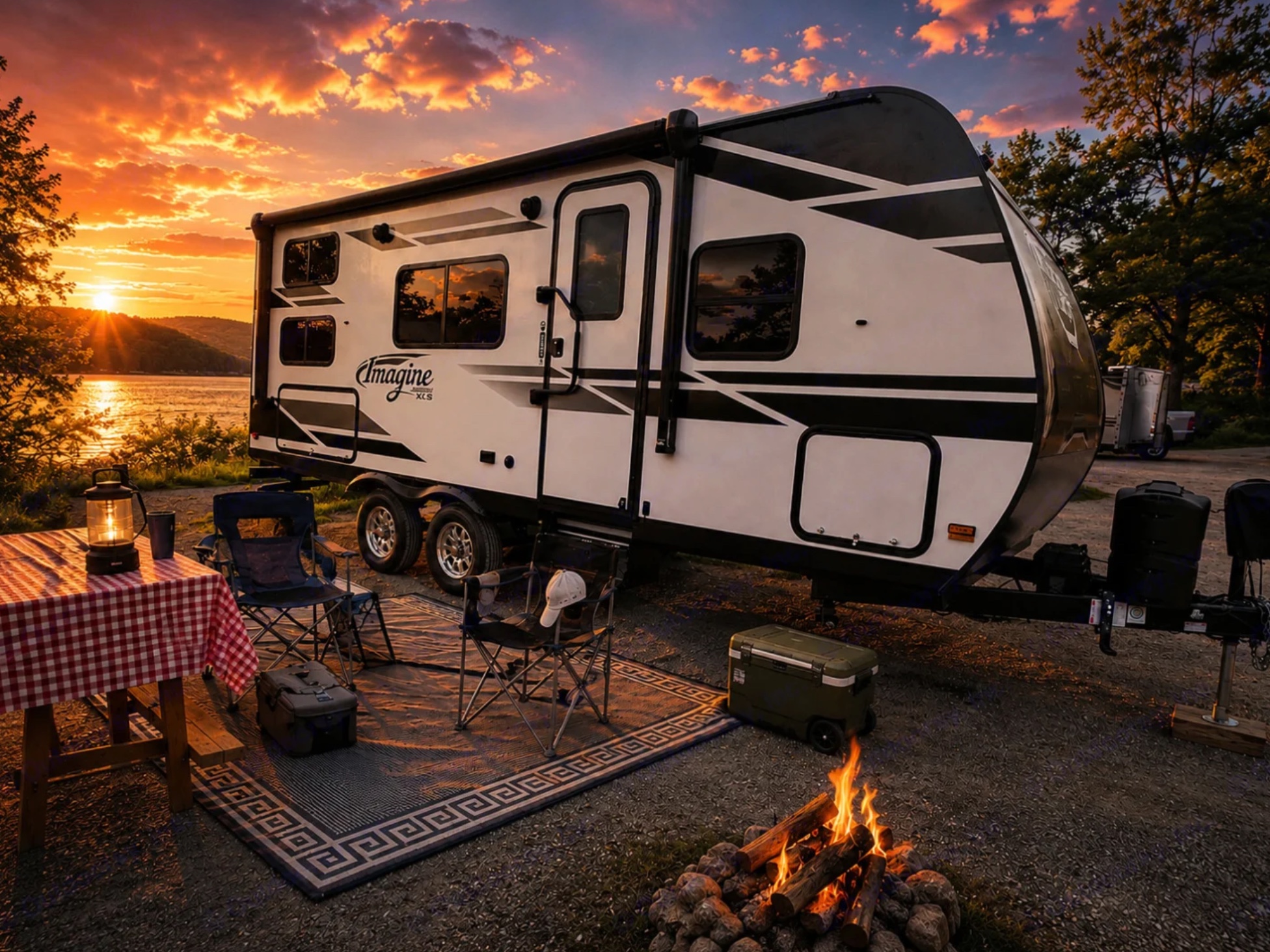 RVA Campers 2021 Grand Design Imagine XLS set up at a lakeside campsite at sunset near Richmond, Virginia