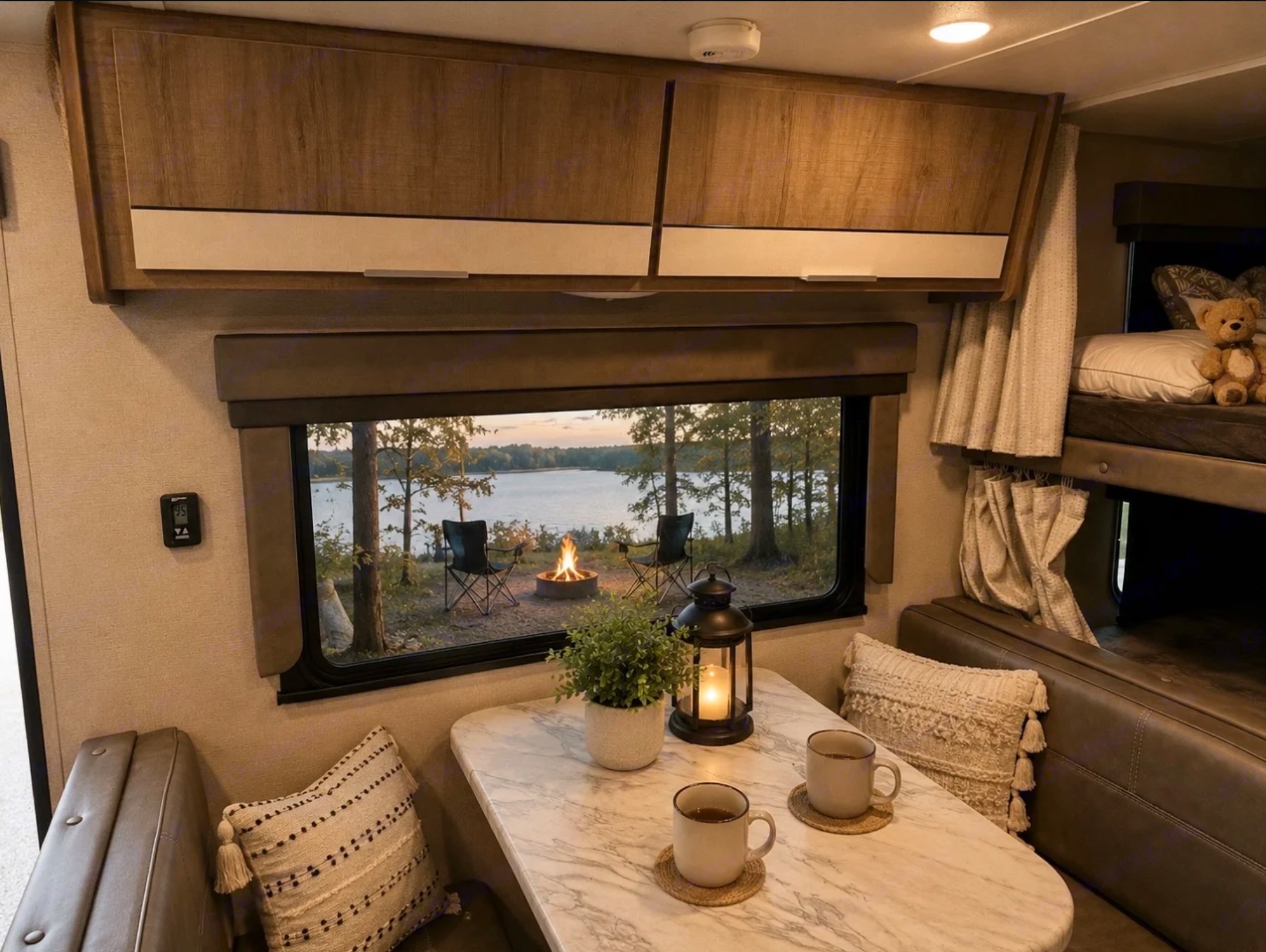 Dinette and bunk beds inside the RVA Campers camper with a marble table, coffee mugs, and a window overlooking the lake