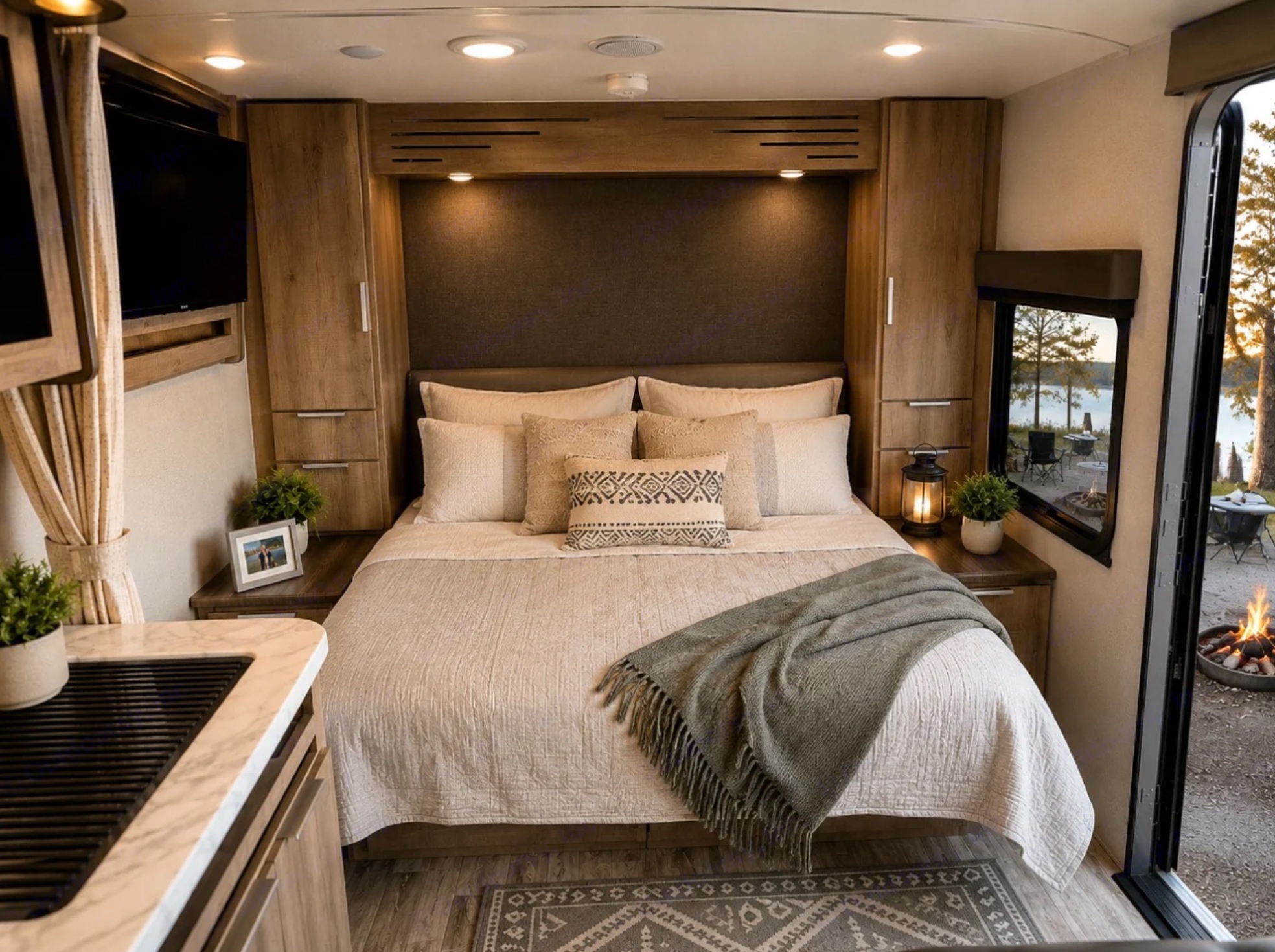 Cozy queen bed inside the RVA Campers Grand Design Imagine XLS with warm bedding and a lakeside window view