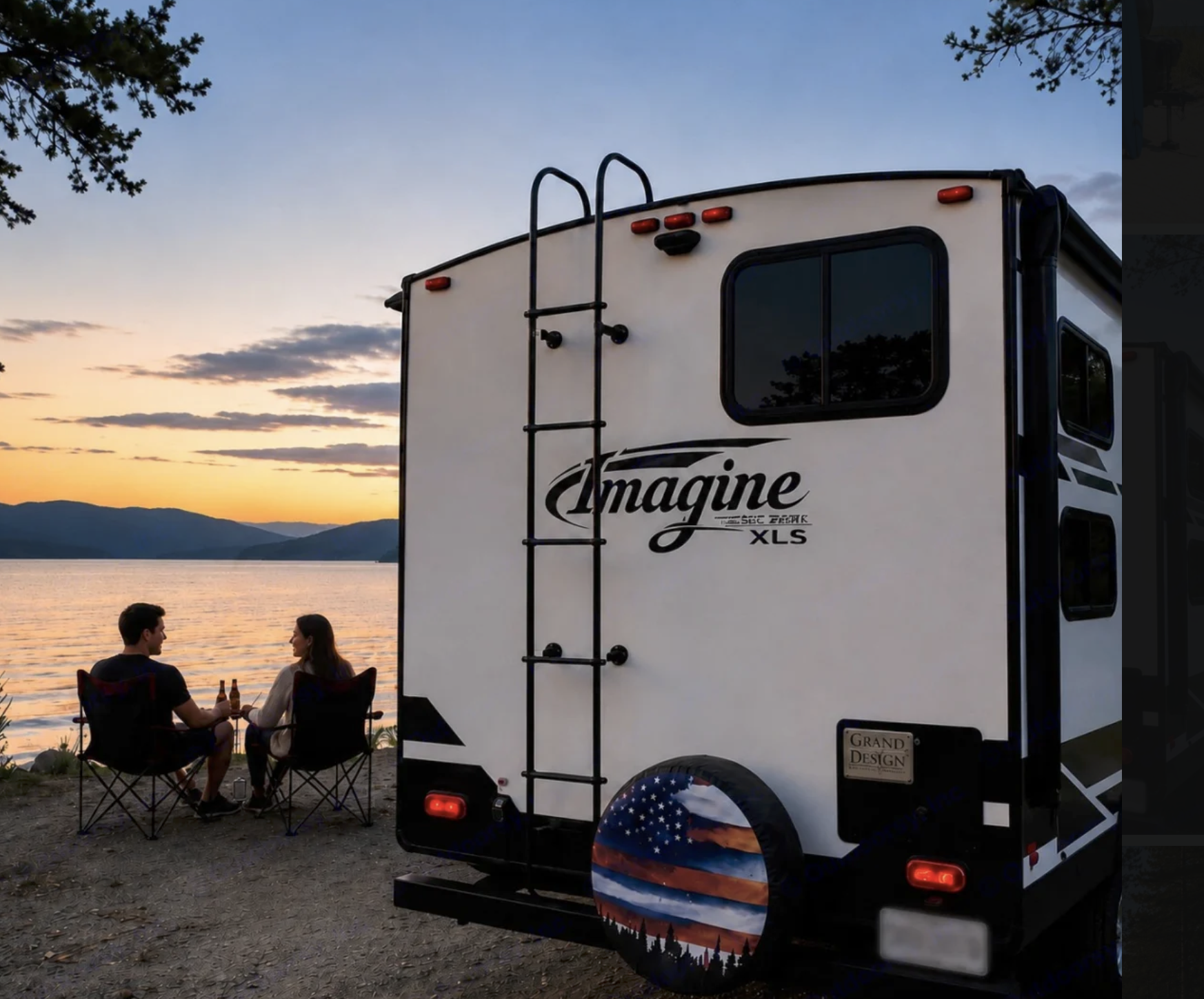 A couple relaxing by the lake beside the RVA Campers trailer at sunset