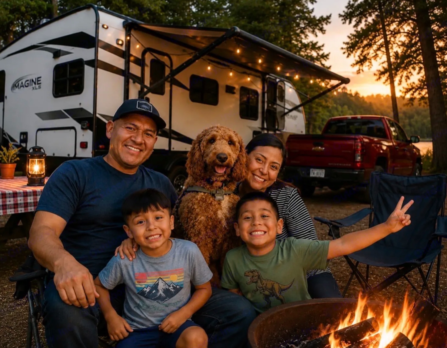 The RVA Campers family smiling together in front of their travel trailer at dusk